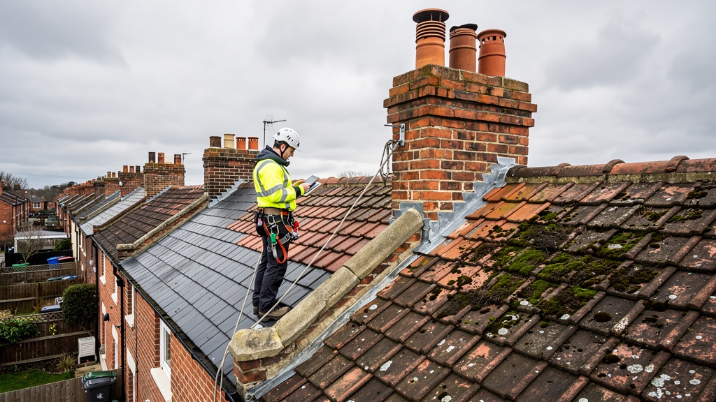 Surveyor inspecting a roof checking tiles and flashings on a Wolverhampton property