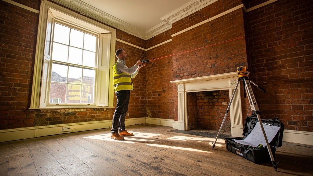 Surveyor taking measurements inside a Victorian terraced house in Wolverhampton