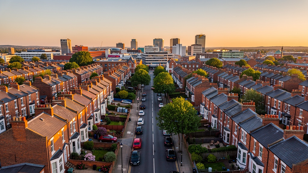 Aerial view of Wolverhampton and surrounding West Midlands residential areas